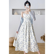 妃莉杋（FeiLiFan）夏季吊帶連衣裙女裝2025新款氣質(zhì)收腰顯瘦甜美開衫碎花裙子女套裝 藍(lán)色吊帶裙 L 【建議108-120斤】