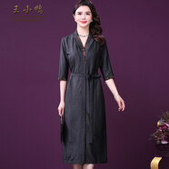 王小鴨夏季香云紗闊太太新款連衣裙女黑色復古龜紋真絲裙