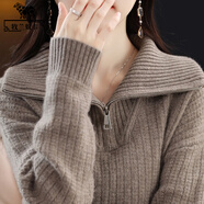 牧蘭奴卡秋冬羊毛衫女純羊毛寬松休閑長袖套頭毛衣女士翻領(lǐng)拉鏈外穿針織衫 原絨駝色 L