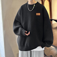 OEMG  半高領(lǐng)毛衣男春秋冬季加絨加厚套頭線衣潮牌寬松打底針織衫外套 黑色 2XL 【建議150-165斤】