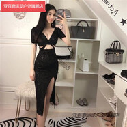 亞百鹿夜店性感連衣裙女直播間氣質(zhì)女神范名媛低胸開(kāi)叉顯瘦包臀禮服夏秋 黑色 L
