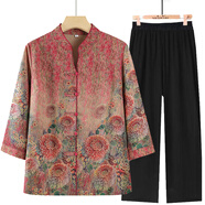 恬婧媽媽夏裝薄款七分袖襯衫大碼寬松中老年人女裝春夏襯衣奶奶裝衣服 紅色套裝【上衣+褲子】 6XL 【建議165-180斤】