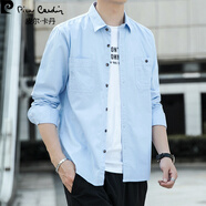 皮爾卡丹（pierre cardin）春秋薄款男士寬松休閑棉襯針織牛仔韓版帥氣長(cháng)袖襯衫潮流時(shí)尚外套 淺藍色 170/M/39(120-130斤以下)