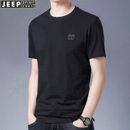 吉普（JEEP）短袖t恤男圓領(lǐng)大碼男裝夏季薄款純色刺繡棉質(zhì)男士短袖體恤打底衫 黑色 2XL/建議155斤左右