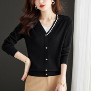 茲奈兒（ZINAIER）V領(lǐng)假兩件女上衣針織衫薄款早秋新款女裝秋季拼接毛衣打底衫 黑色 M（建議 90-110斤）
