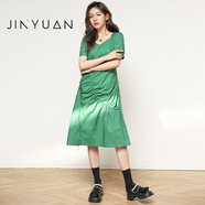金苑裙子女2022夏季新款時(shí)尚簡(jiǎn)約純色方領(lǐng)收腰短袖連衣裙G222123 墨綠 S