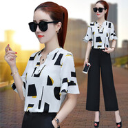 WMOKNN香港潮牌時(shí)尚簡(jiǎn)約闊腿褲套裝女士2021夏裝新款氣質(zhì)女神范洋氣輕熟風(fēng)職場(chǎng)減齡雪紡兩件套 白衣黑褲 M