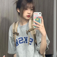 嬌茹妮 美式復(fù)古純棉灰色短袖t恤女2023夏季設(shè)計(jì)感小眾chic港味寬松上衣 灰色（高品質(zhì)100%純棉） L