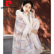 皮爾卡丹（pierre cardin）旗袍披肩斗篷女秋冬季保暖紅色格子外搭加絨加厚毛呢披風(fēng)穿搭大衣 粉白格---【連帽披肩】 加絨