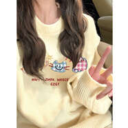 LDBE奶fufu嫩黃毛衣女秋冬新款寬松卡通貓咪軟糯慵懶風(fēng)針織長袖上衣潮 嫩黃色 M