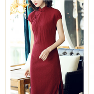 口旋短袖改良旗袍女夏復古中國風(fēng)新款長(cháng)款遮肚純色立領(lǐng)禮服連衣裙 酒紅色 4XL 建議146-155斤
