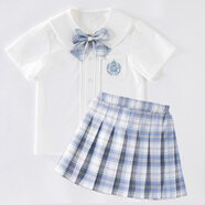 jk裙套裝全套夏季兒童學(xué)院風(fēng)班服夏天半身短裙女童10歲裙子粉色格子裙 晴空藍(lán)套裝 130cm