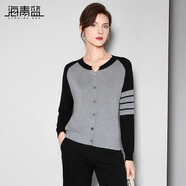 海青藍(lán)流行圓領(lǐng)針織開衫女2024秋季新款減齡拼色百搭長袖上衣氣質(zhì)休閑 淺灰色 均 碼