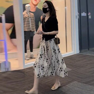 燕潯連衣裙夏季新款2025年時尚女裝韓版小個子套裝裙顯瘦短袖A字裙子 黑色上衣+裙子 XL 建議120-135斤