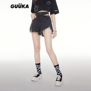 GUUKA潮牌破洞牛仔短褲女新款修身高腰鏤空性感酷颯熱褲休閑舒適不規則 黑色 XS