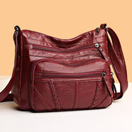 北狐真皮中老年人女包包羊皮拼接新款大容量單肩斜挎包女士背包中年媽 酒紅色小號