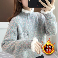 汐菡秋冬款甜美可愛(ài)毛衣女學(xué)生韓版冬季寬松針織打底衫女加絨加厚上衣 紫色加絨加厚 均碼