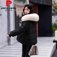 皮爾卡丹（pierre cardin）新款羽絨服女短款大毛領(lǐng)加厚冬裝上新時(shí)尚休閑百搭外套顯瘦女裝潮 黑色白毛領(lǐng) S 85-115斤