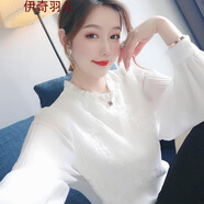 碎花顯瘦雪紡衫短袖女士夏季襯衫女裝2022年新款夏裝拼接燈籠袖白色打底衫高檔蕾絲衫上衣韓版 白色春秋 XL 110-120斤