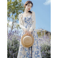 妍莉芬（yanlifen）茶歇法式碎花吊帶裙子女夏季2025新款仙氣森系甜美連衣裙兩件套 628油畫吊帶裙+開衫 S