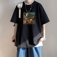 大魚界線日系潮牌短袖T恤男潮流ins情侶裝夏裝寬松上衣服男生印花圓領(lǐng)體恤 黑色(街頭男孩) 4XL(180-200斤）