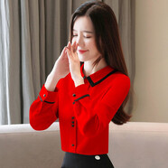 單蜜（Danmi）長袖襯衫女裝2021年秋季新款韓版修身顯瘦氣質(zhì)時尚雪紡襯衣小個子 紅色 XL【建議115-125斤】