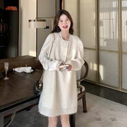 桂雪格連衣裙女秋冬2024新款小香風(fēng)毛毛打底裙子法式氣質(zhì)高腰顯瘦直筒裙 米白色 XL （125-135斤）