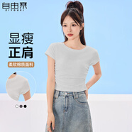 自由系正肩短袖T恤女裝2024新款夏季白色內(nèi)搭修身設(shè)計(jì)感短款小個(gè)子上衣