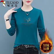 啄木鳥(niǎo)長(cháng)袖t恤女2025年新款春秋中年女裝好棉休閑打底衫圓領(lǐng)上衣T 湖藍（加絨） 2XL （建議125-140斤）