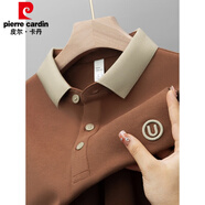 皮爾卡丹（pierre cardin）100%珠地純棉長袖T恤男士秋裝上衣服翻領純色中年刺繡POLO體恤衫 U標棕紅長袖 2XL【建議150170斤】