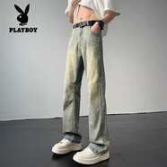 花花公子（PLAYBOY）加絨加厚牛仔褲子男2024新款秋冬季高街直筒修身百搭休閑長(zhǎng)褲潮牌 41黃泥色【加絨】 M