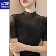 羅蒙（ROMON）秋冬2025新款半高領(lǐng)蕾絲網(wǎng)紗打底衫毛衣女法式感灰色針織上衣 黑色【短袖】 3XL 【建議140-150斤】