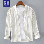 羅蒙（ROMON）小清新條紋長(zhǎng)袖襯衫男裝日系寬松休閑潮流文藝翻領(lǐng)春秋款襯衣外套 杏色 L