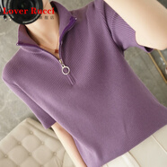 LOVER RUCCI法國夏季冰絲t恤女立領(lǐng)寬松短袖拉鏈半袖打底針織短袖polo衫 香芋紫 XL