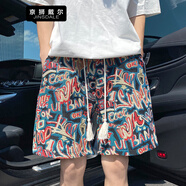 京獅戴爾民族風(fēng)刺繡短褲男夏季滿印提花小眾五分褲大碼痞帥休閑中褲 斯里蘭卡紅 AD00716 L