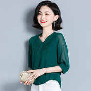 夏款女生穿的T恤衫潮流好看新款女人夏裝雪紡少婦女裝30-40歲上衣服中人夏季短袖T恤 墨綠色 2XL