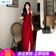 歐貝汐新中式復古掛脖連衣裙女2025春夏蕾絲開(kāi)衫兩件套套裝裙紅色吊帶開(kāi) 吊帶裙 M