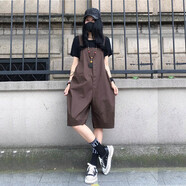 WVSW 香港潮牌2022年新款夏季薄款休閑背帶褲短褲女時(shí)尚文藝百搭寬松顯瘦闊腿五分連體褲 咖色 L（建議120-140斤）