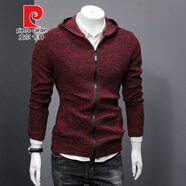 皮爾卡丹毛衣男帶帽色潮韓版修身菠蘿紋路線(xiàn)衣拉鏈毛衫外套男士針織開(kāi)衫針織 紅色 M