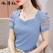 冰洋紅2025年新款夏季顯瘦t恤女白色短袖打底衫時(shí)尚修身拼接泡泡袖上衣 藍色 L 建議110-120