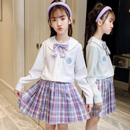 jk裙套裝全套夏季兒童學(xué)院風(fēng)班服夏天半身短裙女童10歲裙子粉色格子裙 玻璃糖長(cháng)袖 120cm