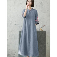 WVHK棉麻刺繡茶服女禪意寬松長(zhǎng)裙文藝中國(guó)民族風(fēng)連衣裙夏中式復(fù)古女裝 灰色 M建議(115以下)