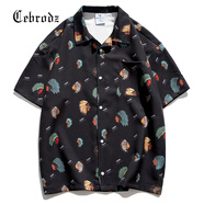Cebrodz法國(guó)花襯衫男夏季短袖休閑寬松免燙定制印花襯衣 黑色(偏大) 2XL