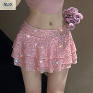 兔嵐超短裙露臀無打底學(xué)生夜店性感甜辣風(fēng)亮片半身裙露臍修身顯瘦DJ酒 粉紅色 S