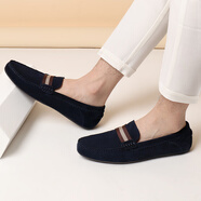 村哥牛皮豆豆鞋男夏季真皮透氣休閑磨砂皮一腳蹬男鞋 深藍色 40