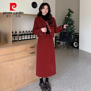 皮爾卡丹（pierre cardin）氣質(zhì)小香風(fēng)粗花呢加棉外套短裙兩件套大碼胖mm遮肉顯瘦別致套裝裙 紅色長(cháng)款【休閑/可鹽可甜炸街/又 XL【建議120-140斤】