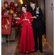 閃動(dòng)少女孕婦敬酒服新娘大碼胖mm中式秀禾旗袍套裝紅色訂婚禮服裙 酒紅色F0248[送項鏈+后背掛墜 2XL