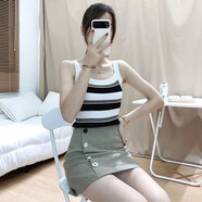 苜戈2024夏季冰絲吊帶背心女款橫條紋無袖針織上衣外穿性感修身 白色+黑色 S 80-95斤