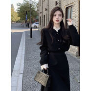 妍莉芬 2024年秋季新款名媛赫本風(fēng)氣質(zhì)衣服小香風(fēng)針織連衣裙女套裝裙子 黑色 M