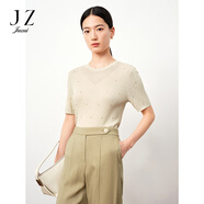 玖姿（JUZUI）商場(chǎng)同款簡(jiǎn)約格紋幾何短袖套頭針織衫裝夏款JWDX31216 米黃 XL